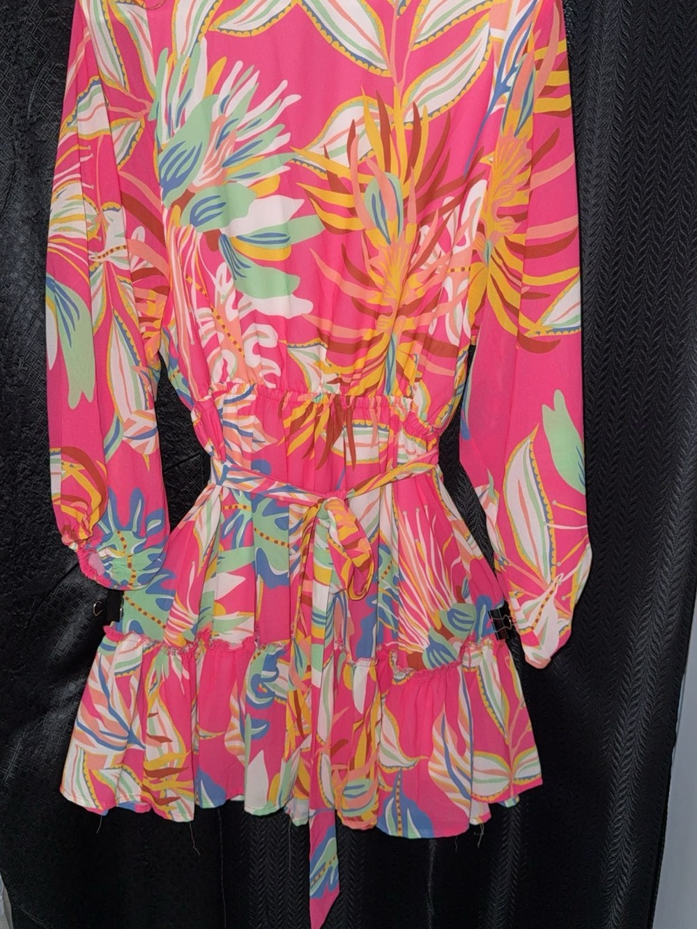 Flying Tomato Pink Tropical Print Tie-Waist Long Sleeve Dress